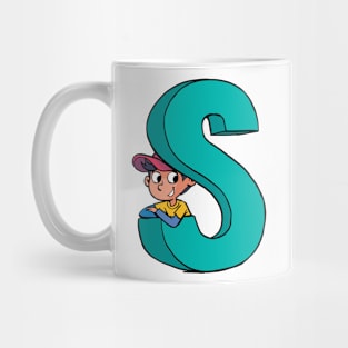 boy peeks out from the capital letter S Mug